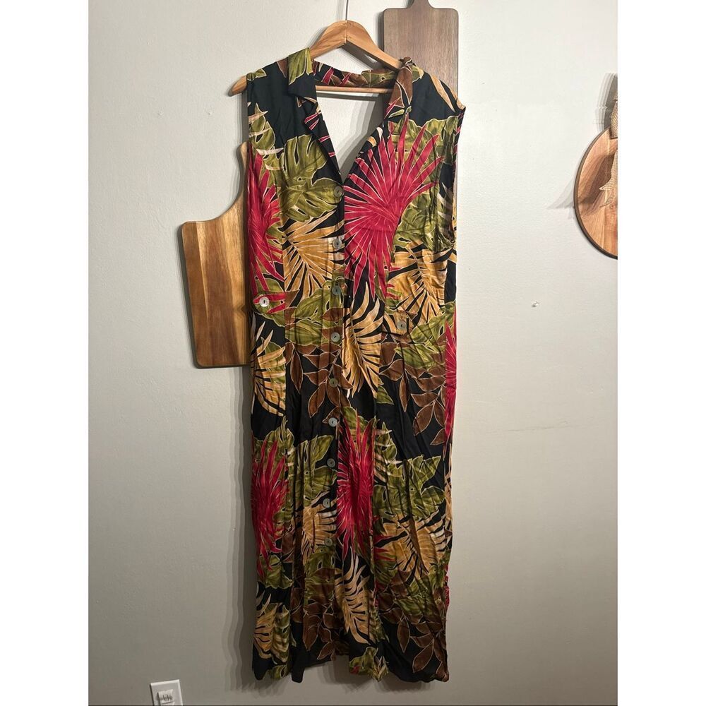 Sleeveless Tropical Print Maxi Dress - Black with Red & Green